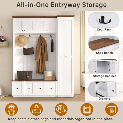 White MDF Hall Tree with Storage Bench - 78.7" Entryway Coat Rack