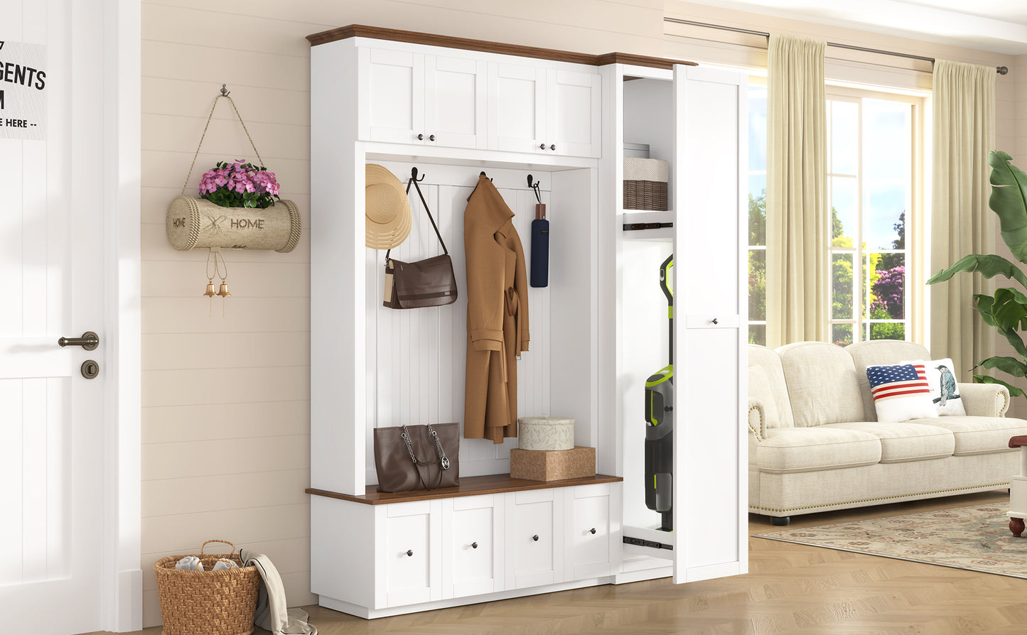 White MDF Hall Tree with Storage Bench - 78.7" Entryway Coat Rack