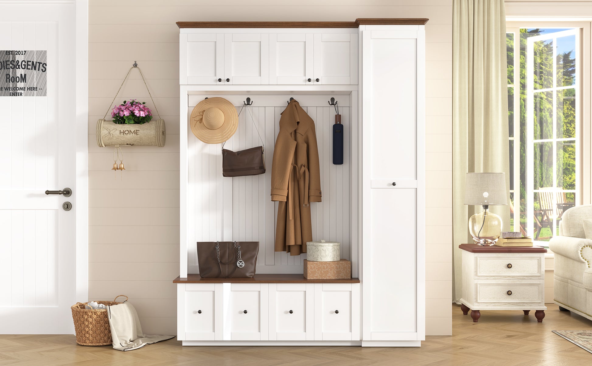 White MDF Hall Tree with Storage Bench - 78.7" Entryway Coat Rack