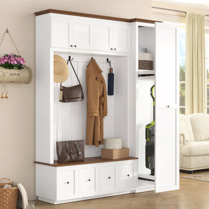 VIBE HAUS 78.7''H Entryway Hall Tree with Storage Bench, 5-in-1 Hall Tree Farmhouse Coat Rack Shoe Bench with Cabinets, Drawers & Hooks for Hallway, Entryway, Living Room, Mudroom