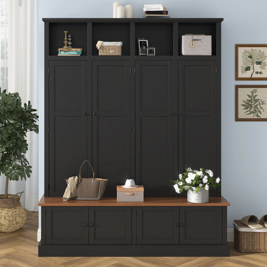 VIBE HAUS 76.7''H Farmhouse Hall Tree with Bench and Cabinet, 4-in-1 Entryway Bench with Coat Rack, Modern Entryway Storage Organizer  with Open Cubbies & Hooks for Hallway, Entryway, Living Room