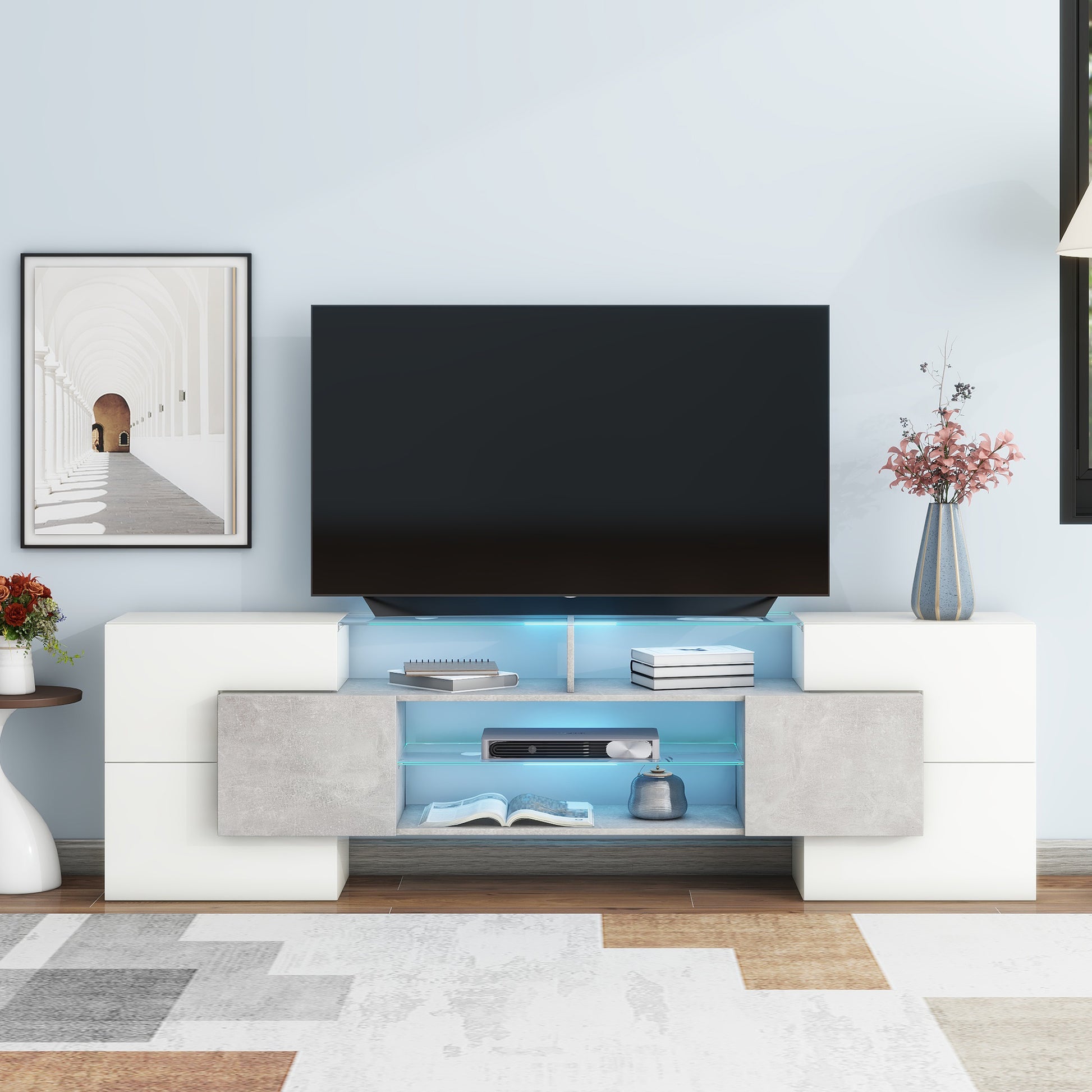 Grey TV Stand with Illuminated Glass Shelves - Storage & Style