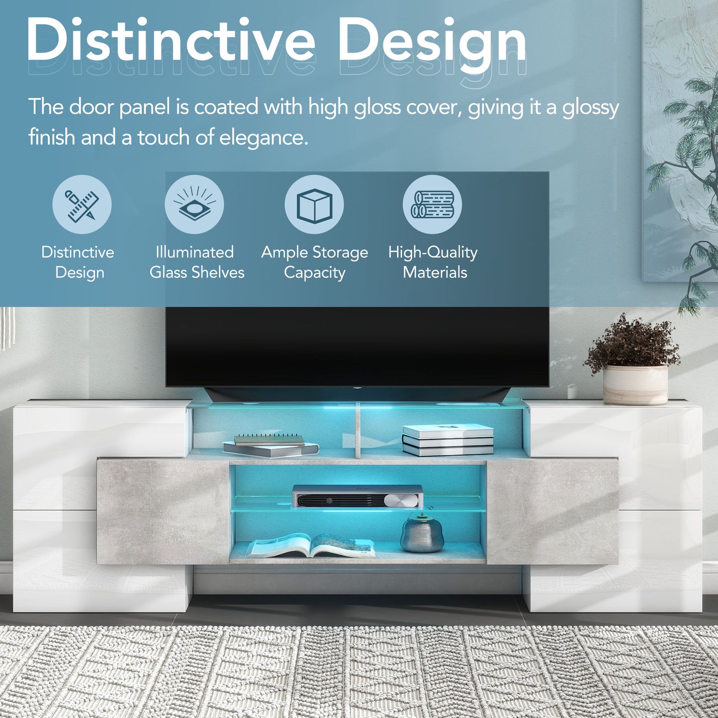 Grey TV Stand with Illuminated Glass Shelves - Storage & Style