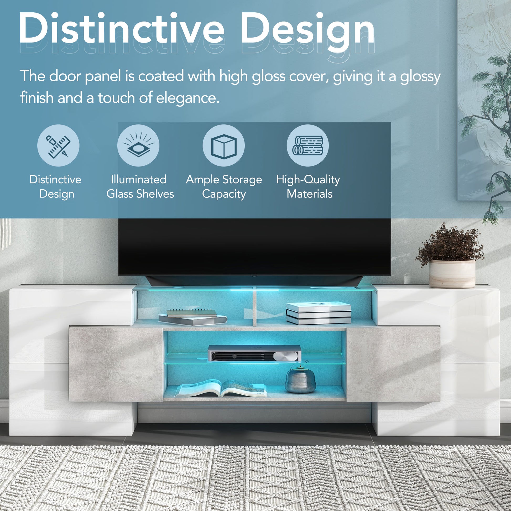 Grey TV Stand with Illuminated Glass Shelves - Storage & Style