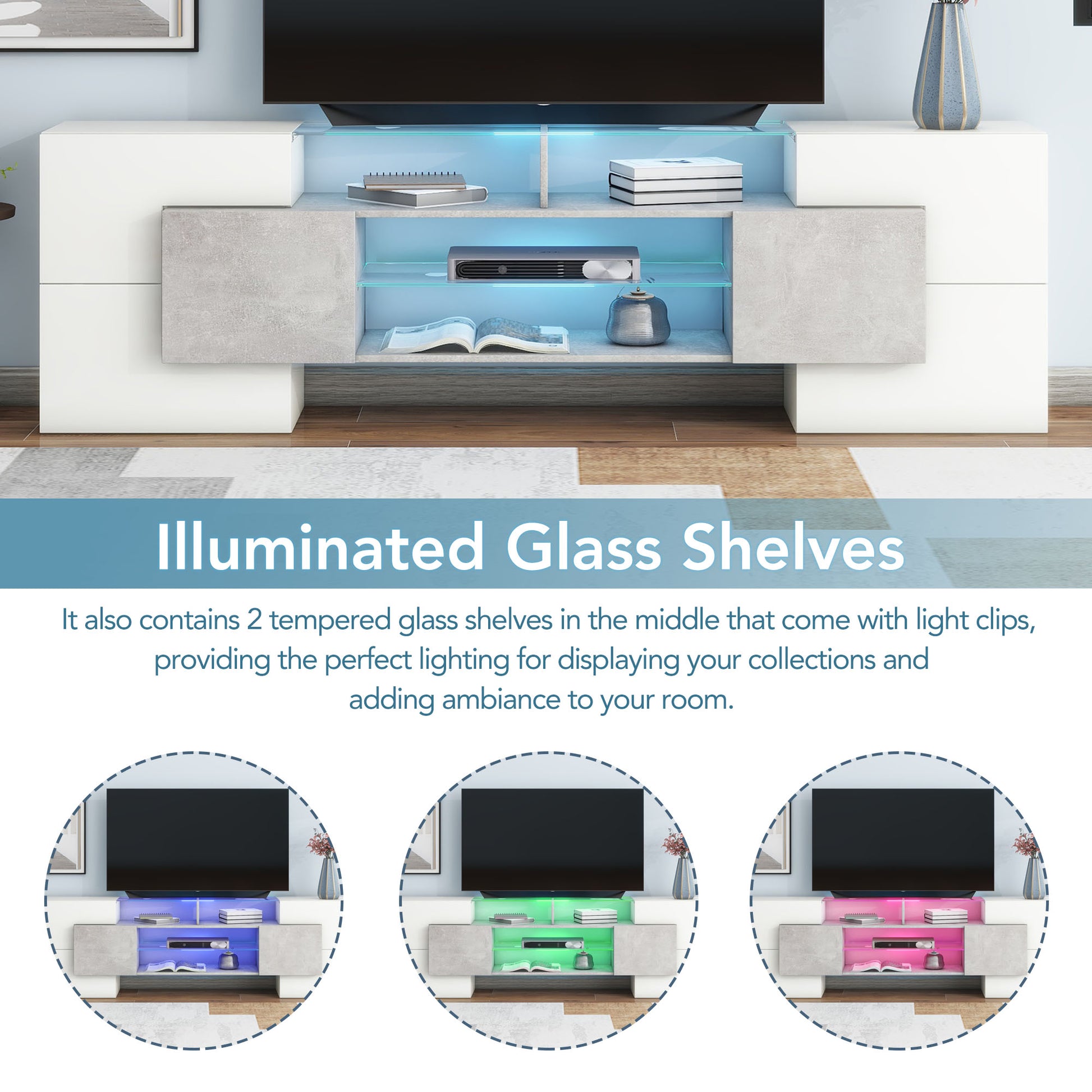 Grey TV Stand with Illuminated Glass Shelves - Storage & Style