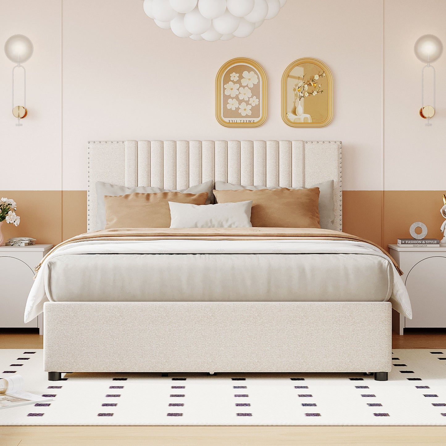 Full Size Linen Upholstered Bed with Trundle