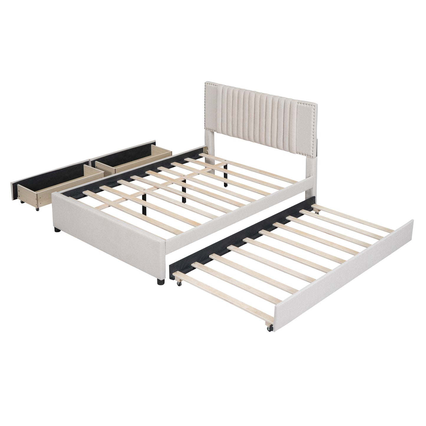 Full Size Linen Upholstered Bed with Trundle