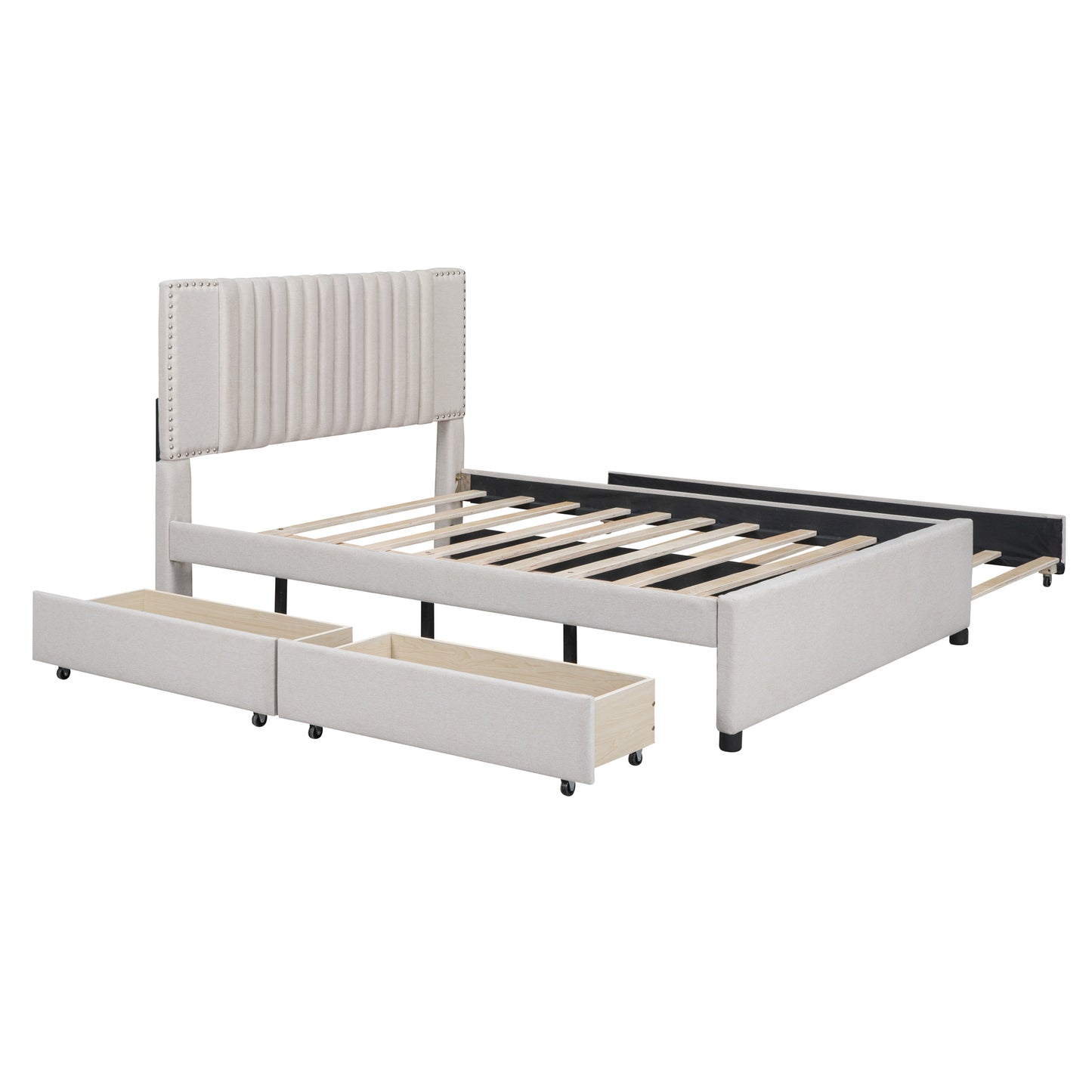 Full Size Linen Upholstered Bed with Trundle