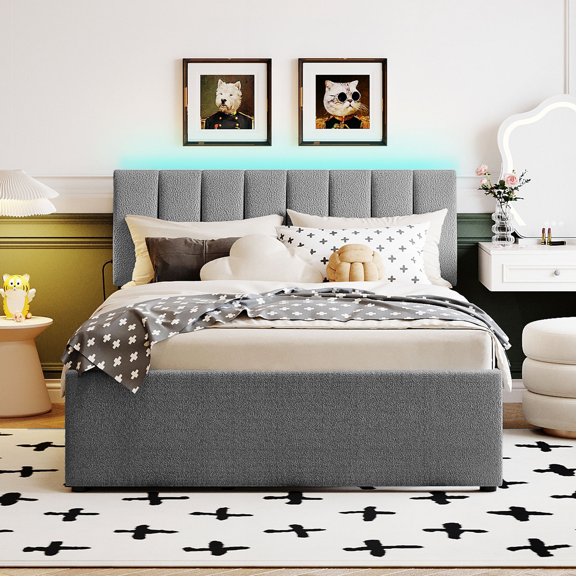 Gray Fleece Upholstered Platform Bed with Trundle - Full Size