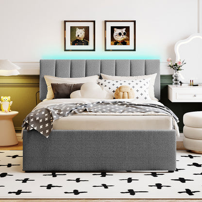 Gray Fleece Upholstered Platform Bed with Trundle - Full Size