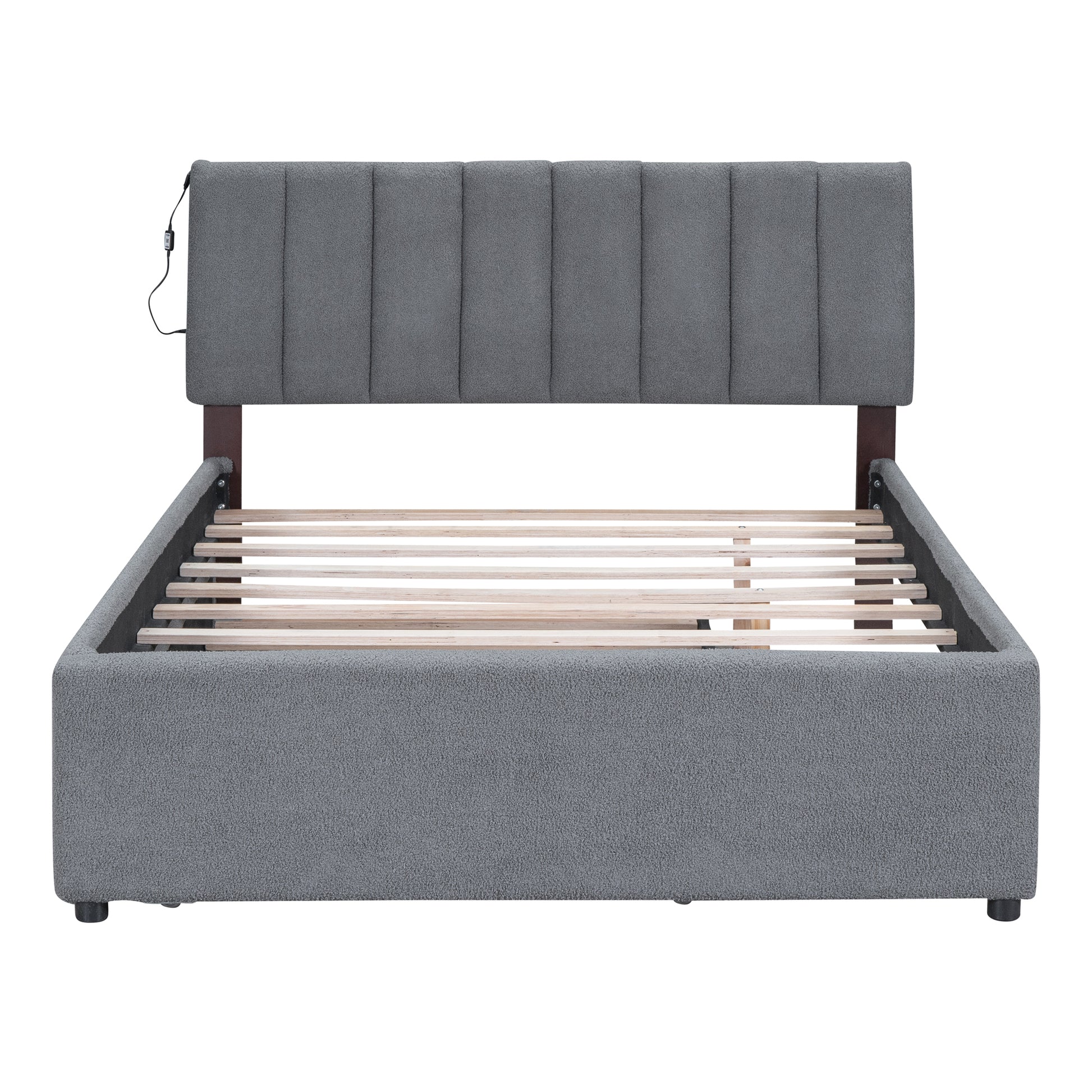 Gray Fleece Upholstered Platform Bed with Trundle - Full Size