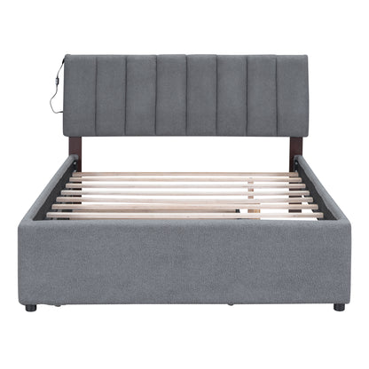Gray Fleece Upholstered Platform Bed with Trundle - Full Size