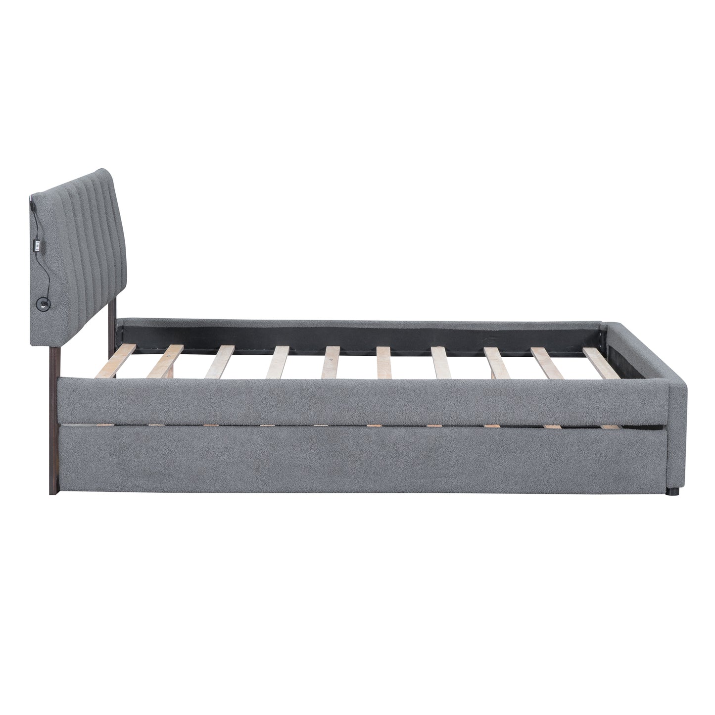 Gray Fleece Upholstered Platform Bed with Trundle - Full Size