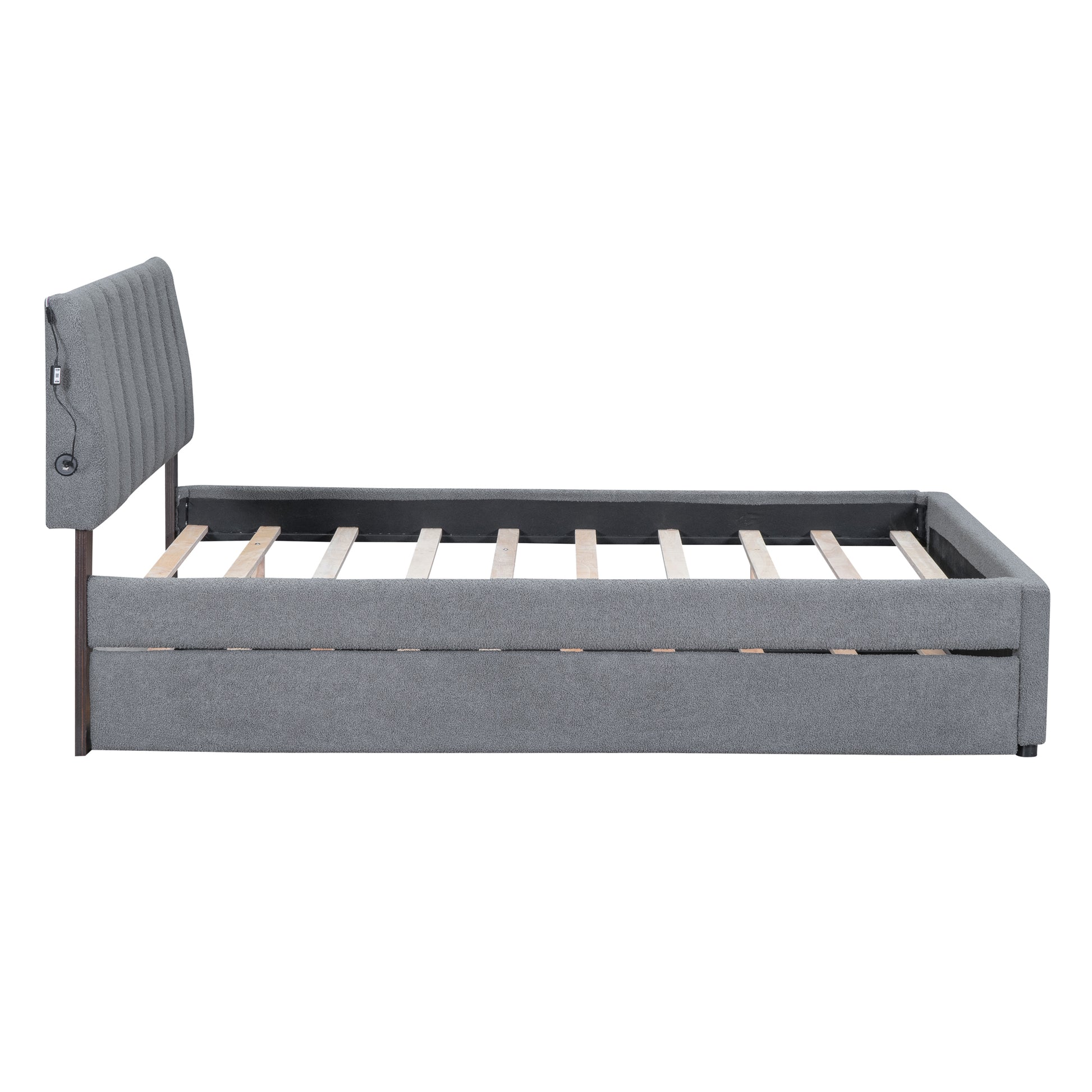 Gray Fleece Upholstered Platform Bed with Trundle - Full Size