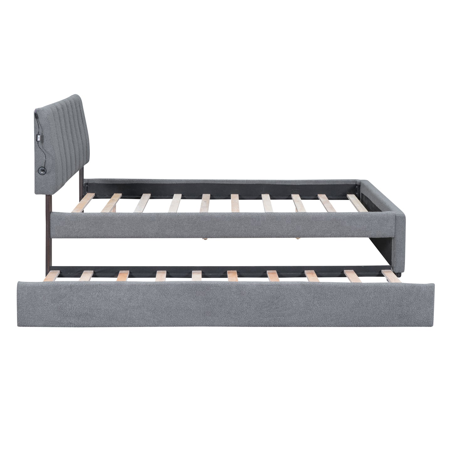 Gray Fleece Upholstered Platform Bed with Trundle - Full Size