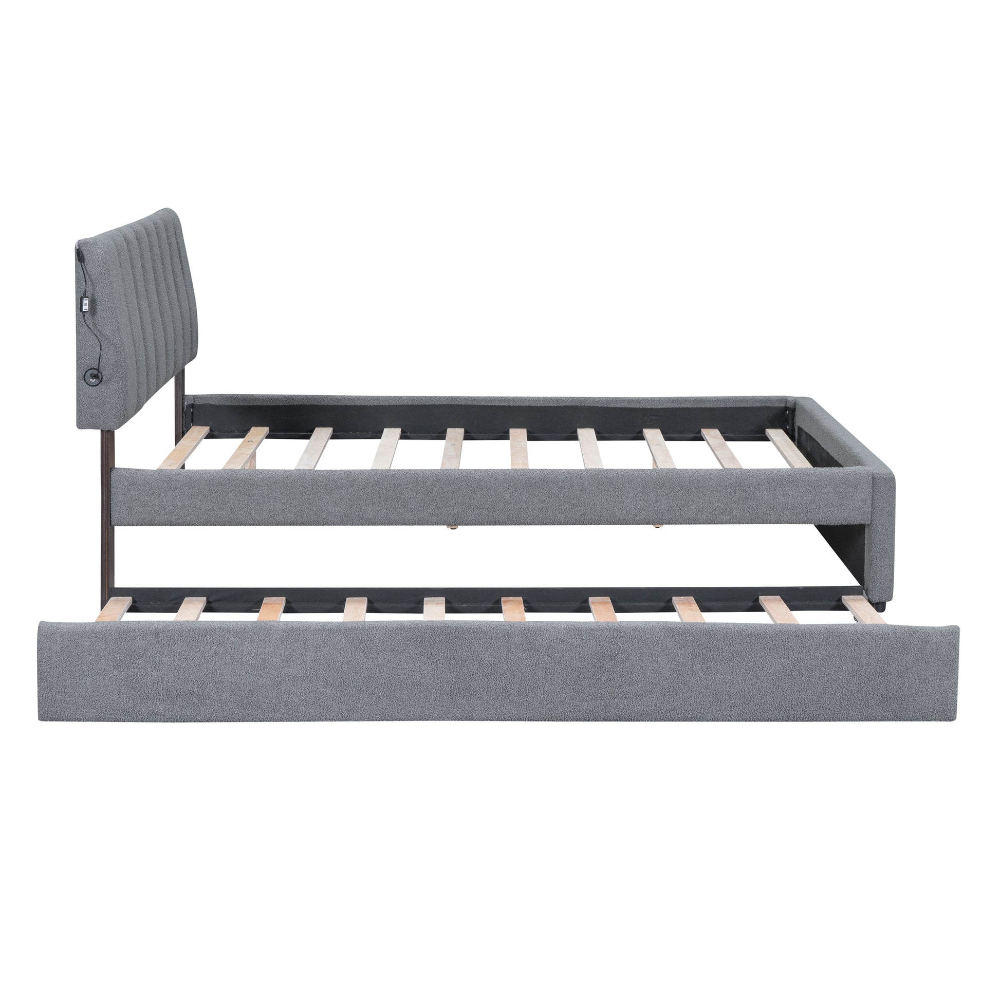 Gray Fleece Upholstered Platform Bed with Trundle - Full Size