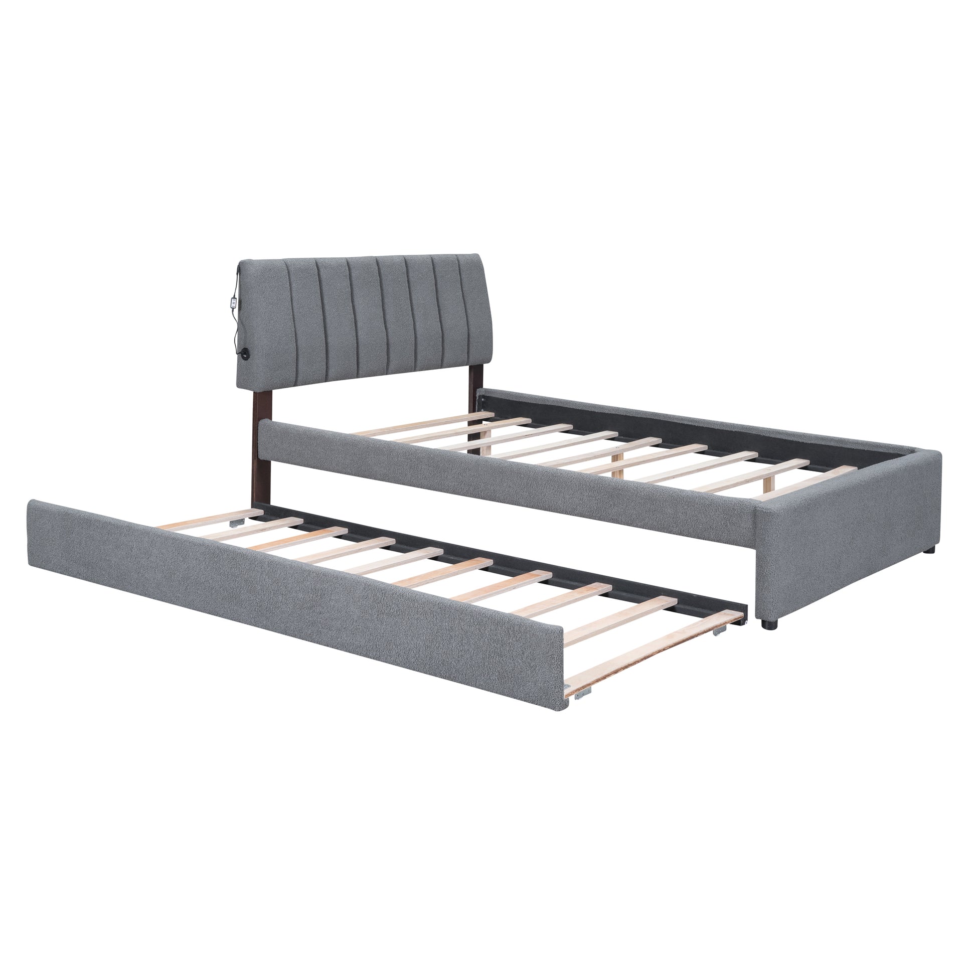 Gray Fleece Upholstered Platform Bed with Trundle - Full Size