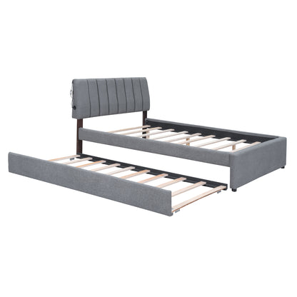 Gray Fleece Upholstered Platform Bed with Trundle - Full Size