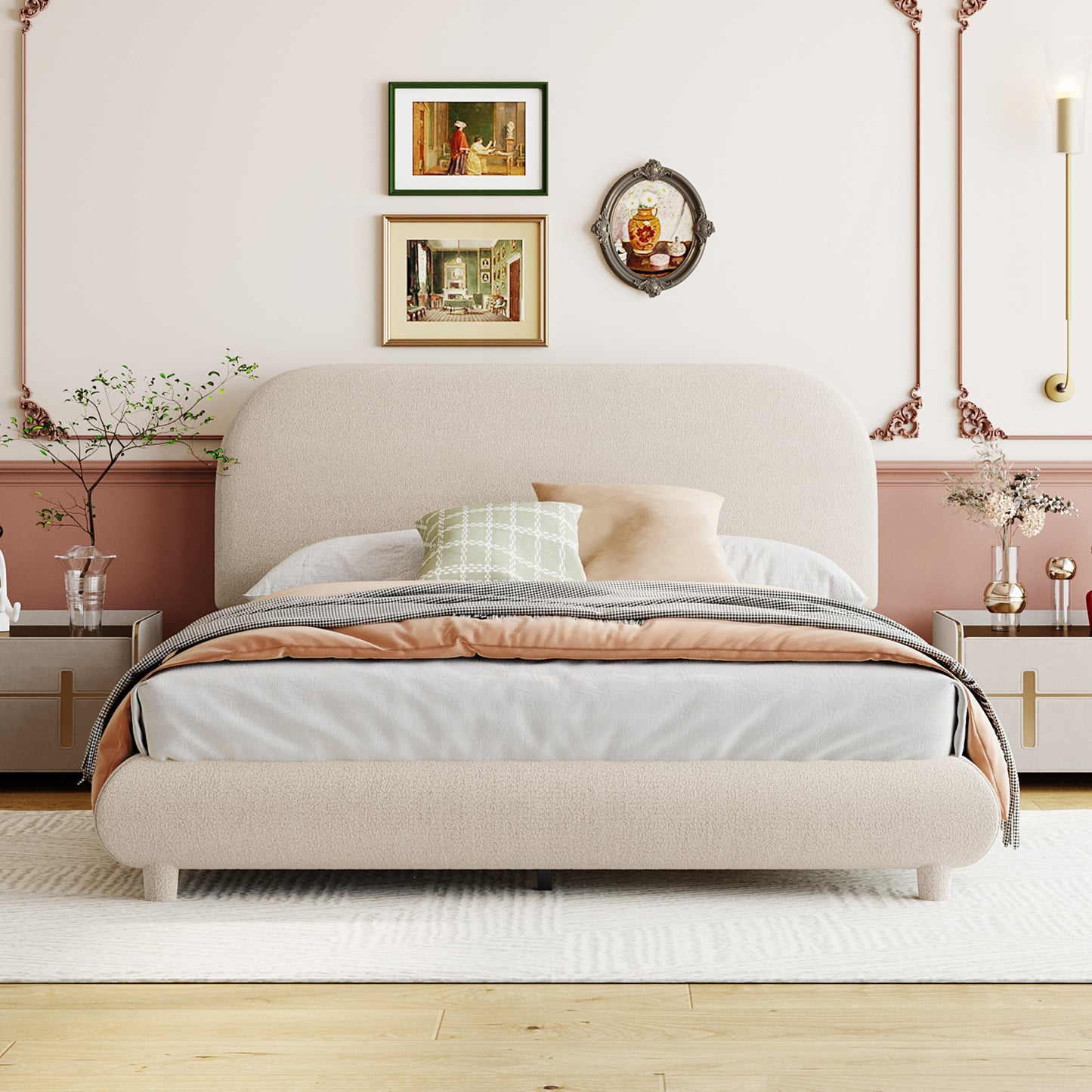 Full Size Beige Fleece Upholstered Bed - Comfortable Platform Frame