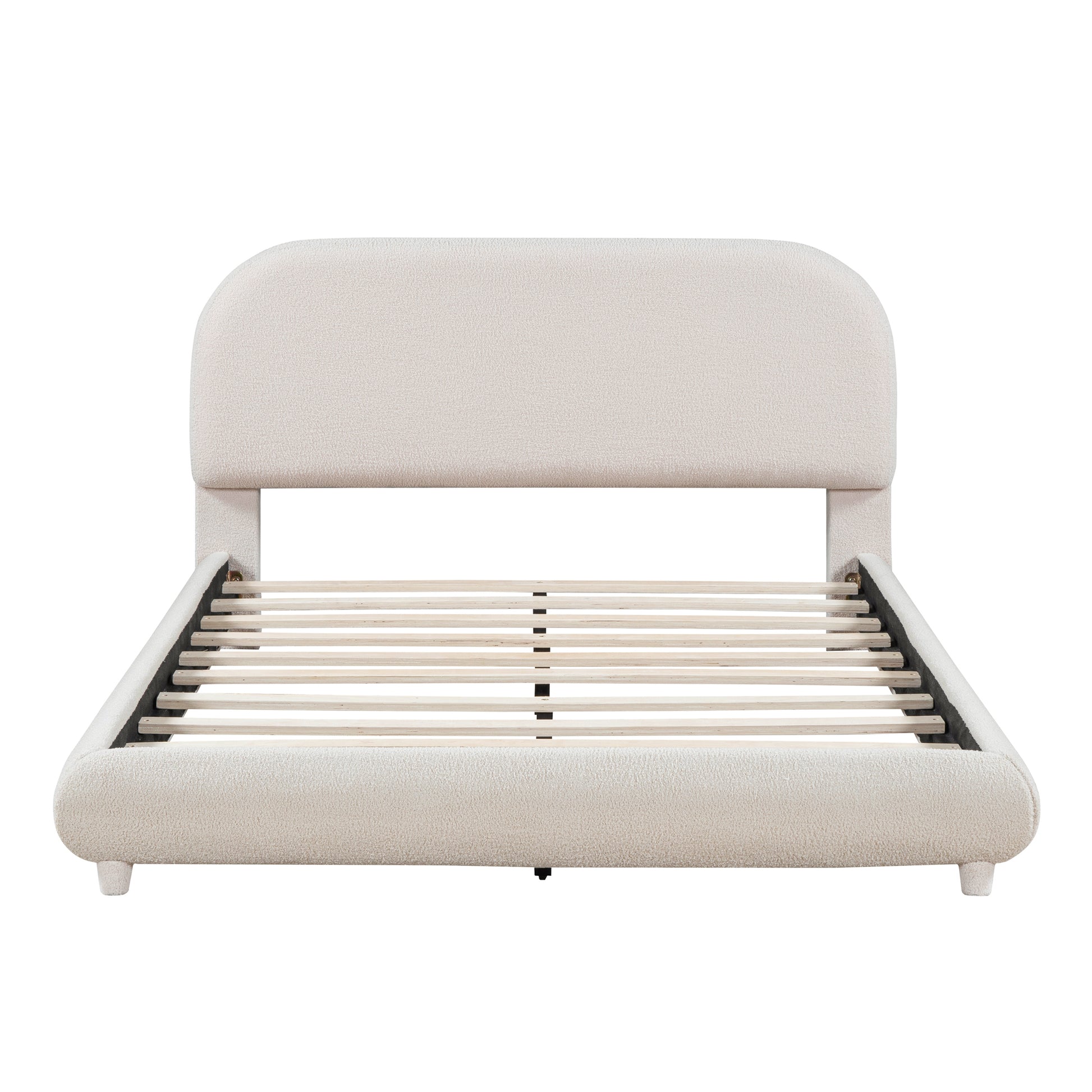 Full Size Beige Fleece Upholstered Bed - Comfortable Platform Frame