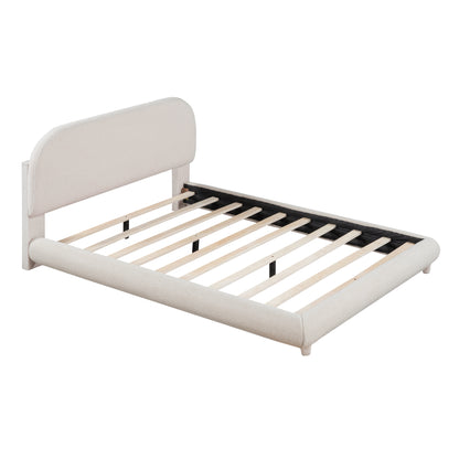 Full Size Beige Fleece Upholstered Bed - Comfortable Platform Frame
