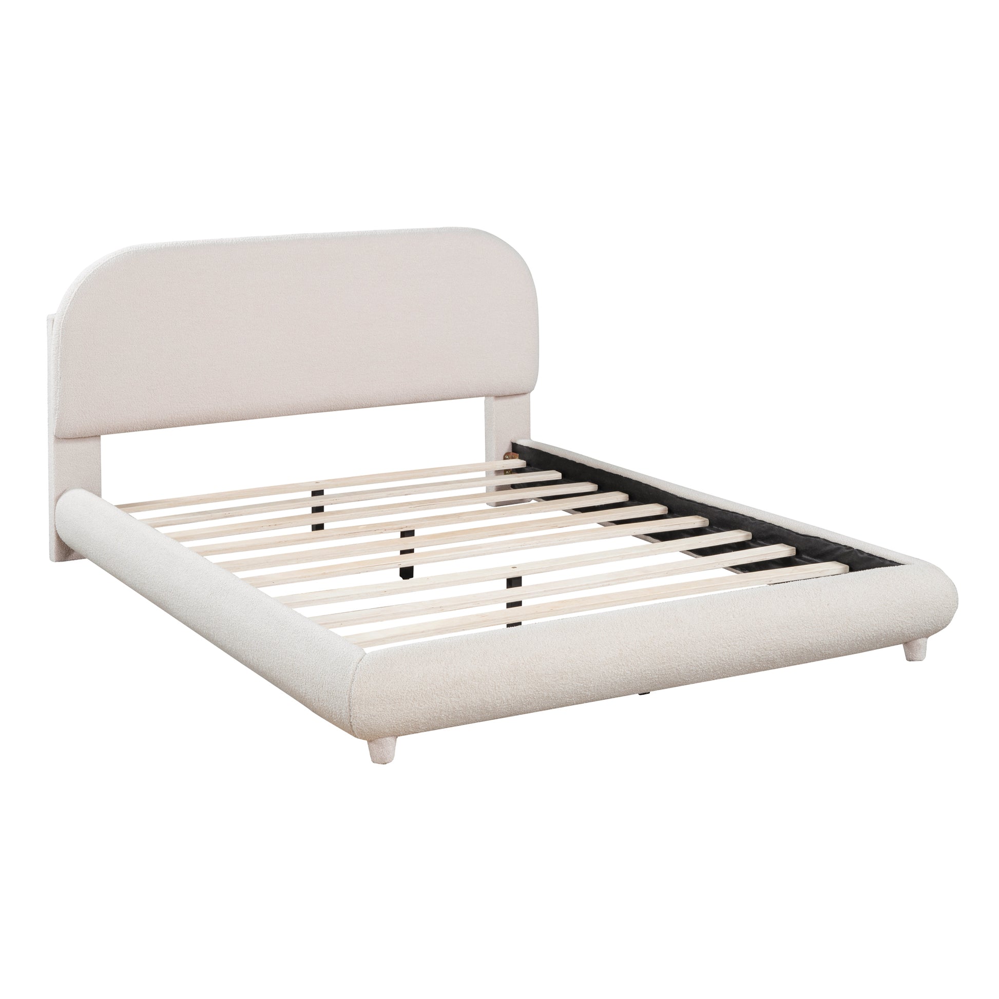 Full Size Beige Fleece Upholstered Bed - Comfortable Platform Frame