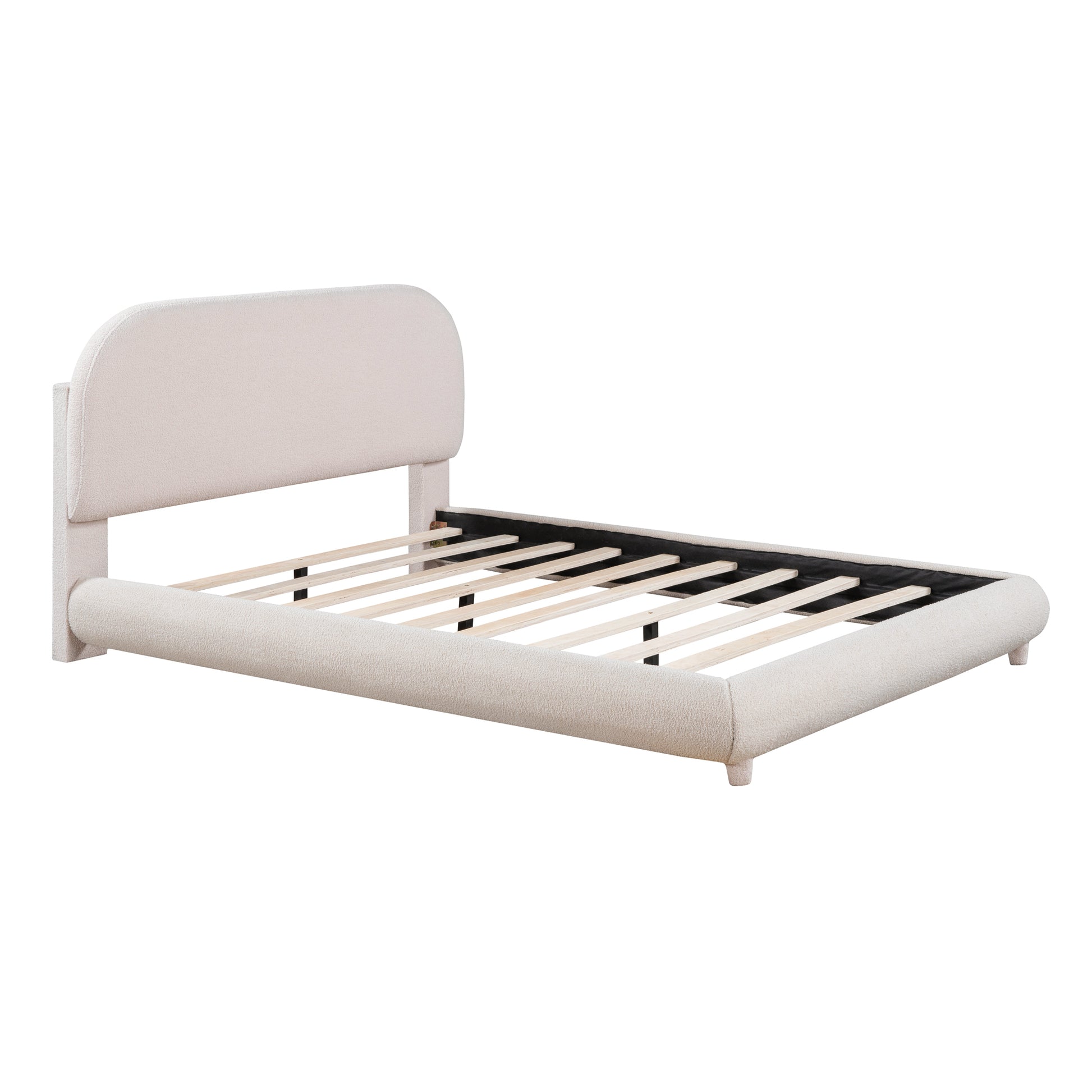 Full Size Beige Fleece Upholstered Bed - Comfortable Platform Frame