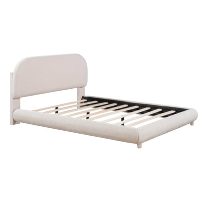 Full Size Beige Fleece Upholstered Bed - Comfortable Platform Frame