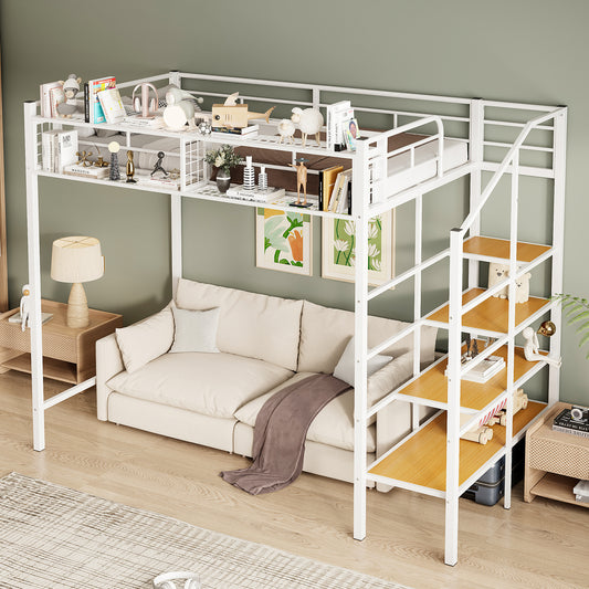 Twin Size Metal Loft Bed with Upper Grid Storage Shelf and Lateral Storage Ladder, White(OLD SKU: SF000081AAK)
