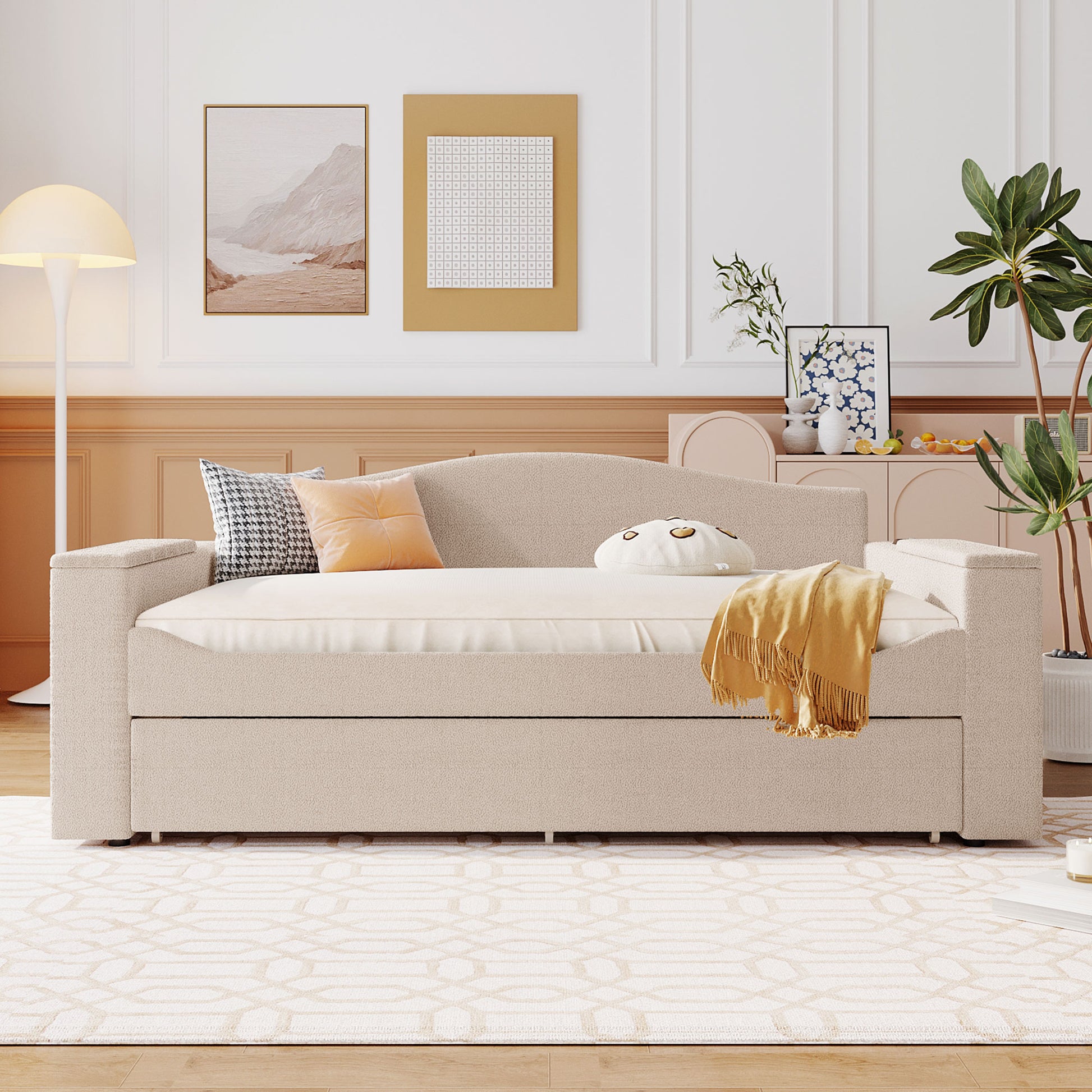 Beige Fleece Daybed with Trundle & Storage