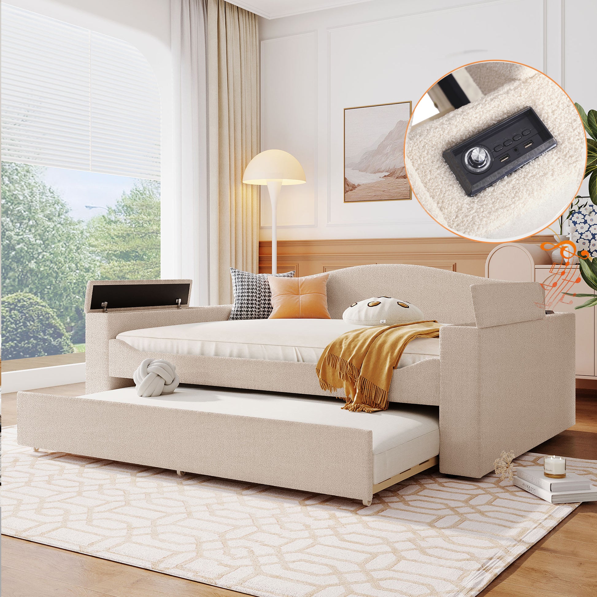 Beige Fleece Daybed with Trundle & Storage