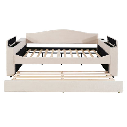 Beige Fleece Daybed with Trundle & Storage