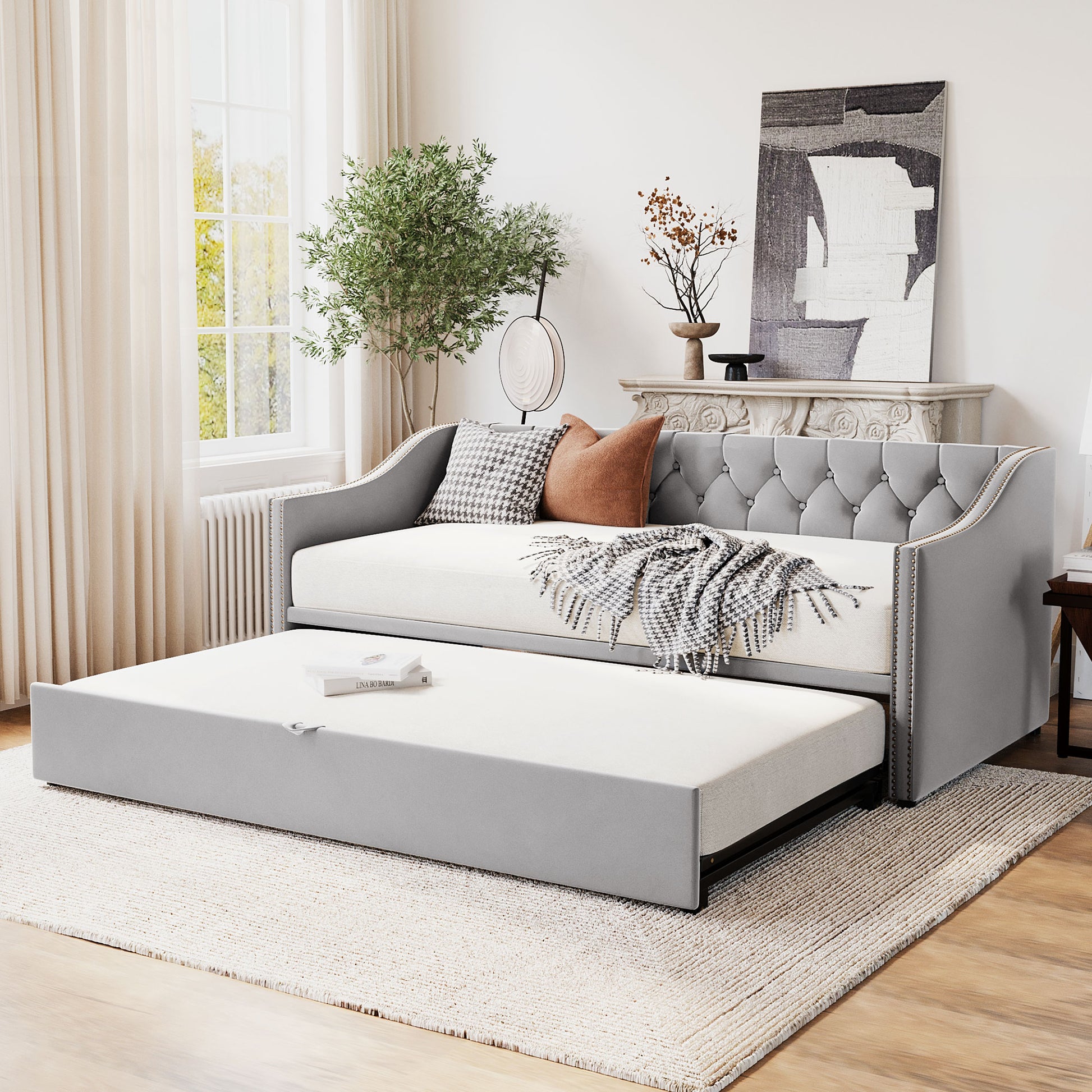 Gray Upholstered Twin Daybed with Trundle Base for Bedroom