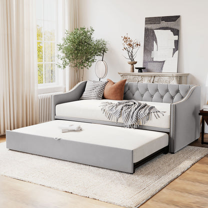 Gray Upholstered Twin Daybed with Trundle Base for Bedroom