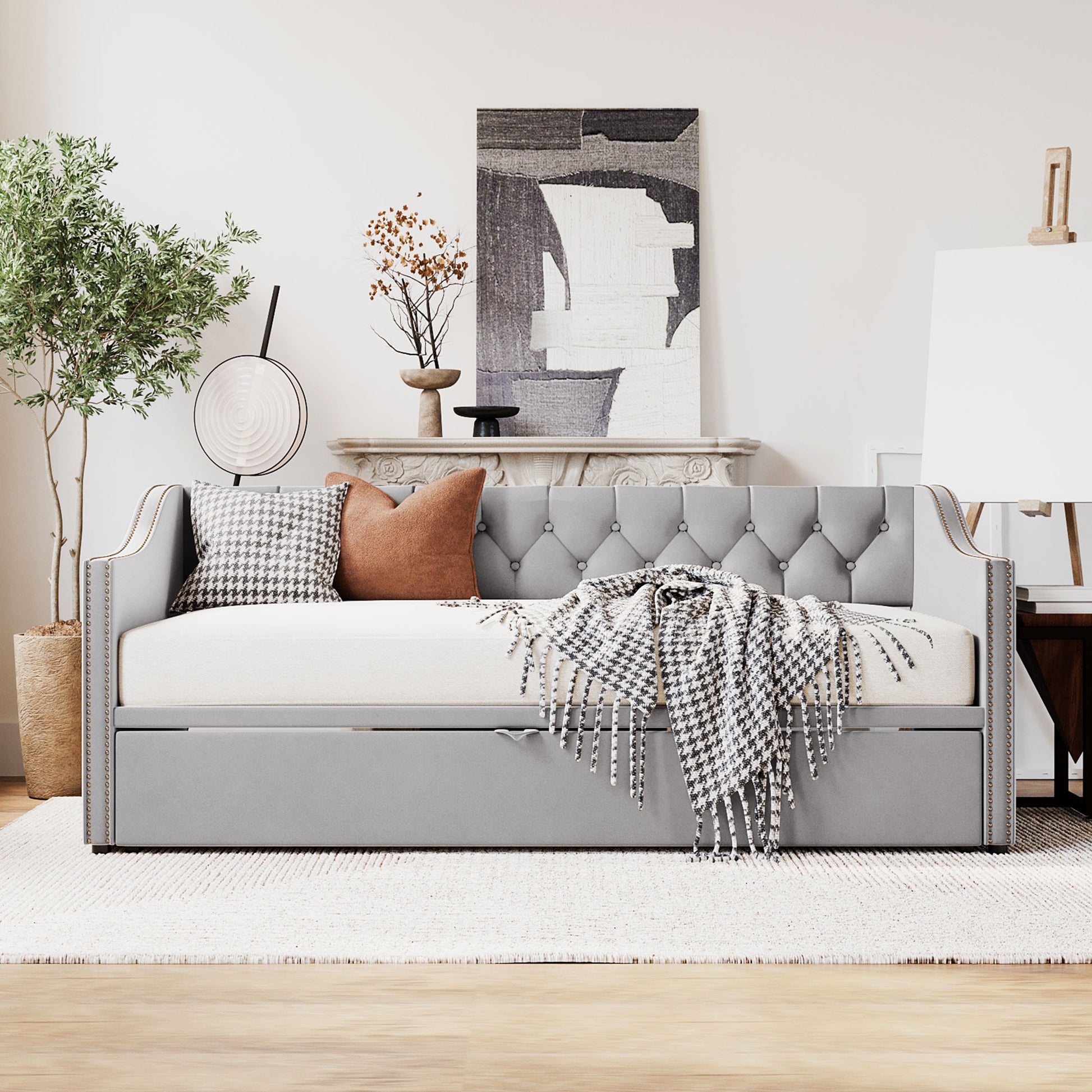 Gray Upholstered Twin Daybed with Trundle Base for Bedroom