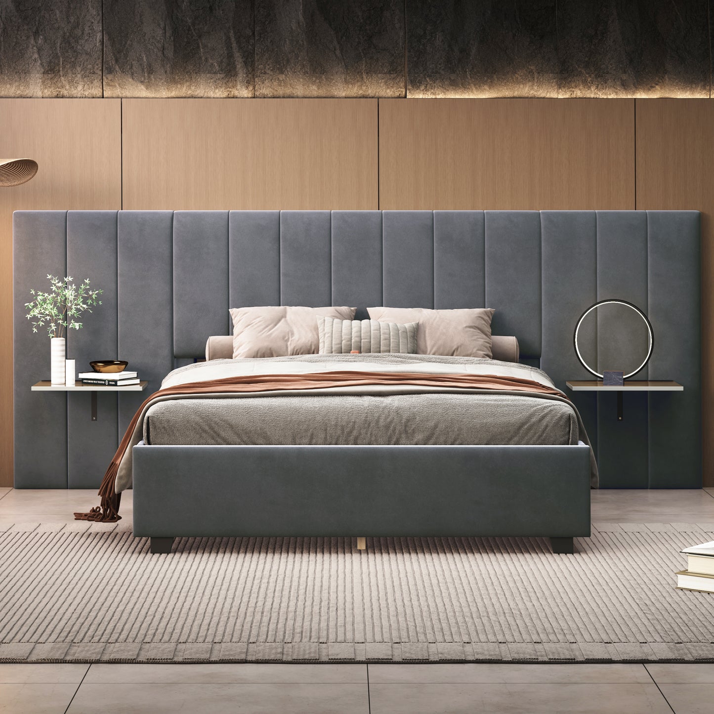 Queen Upholstered Platform Bed - Gray Storage Headboard