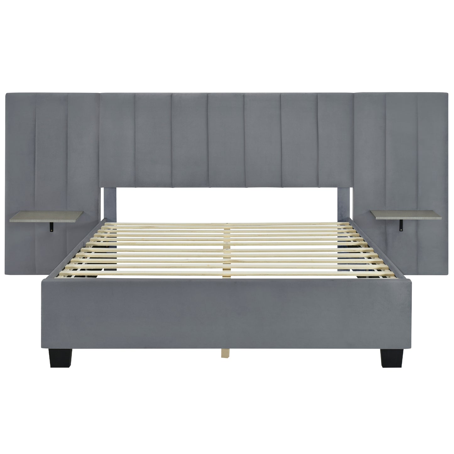 Queen Upholstered Platform Bed - Gray Storage Headboard