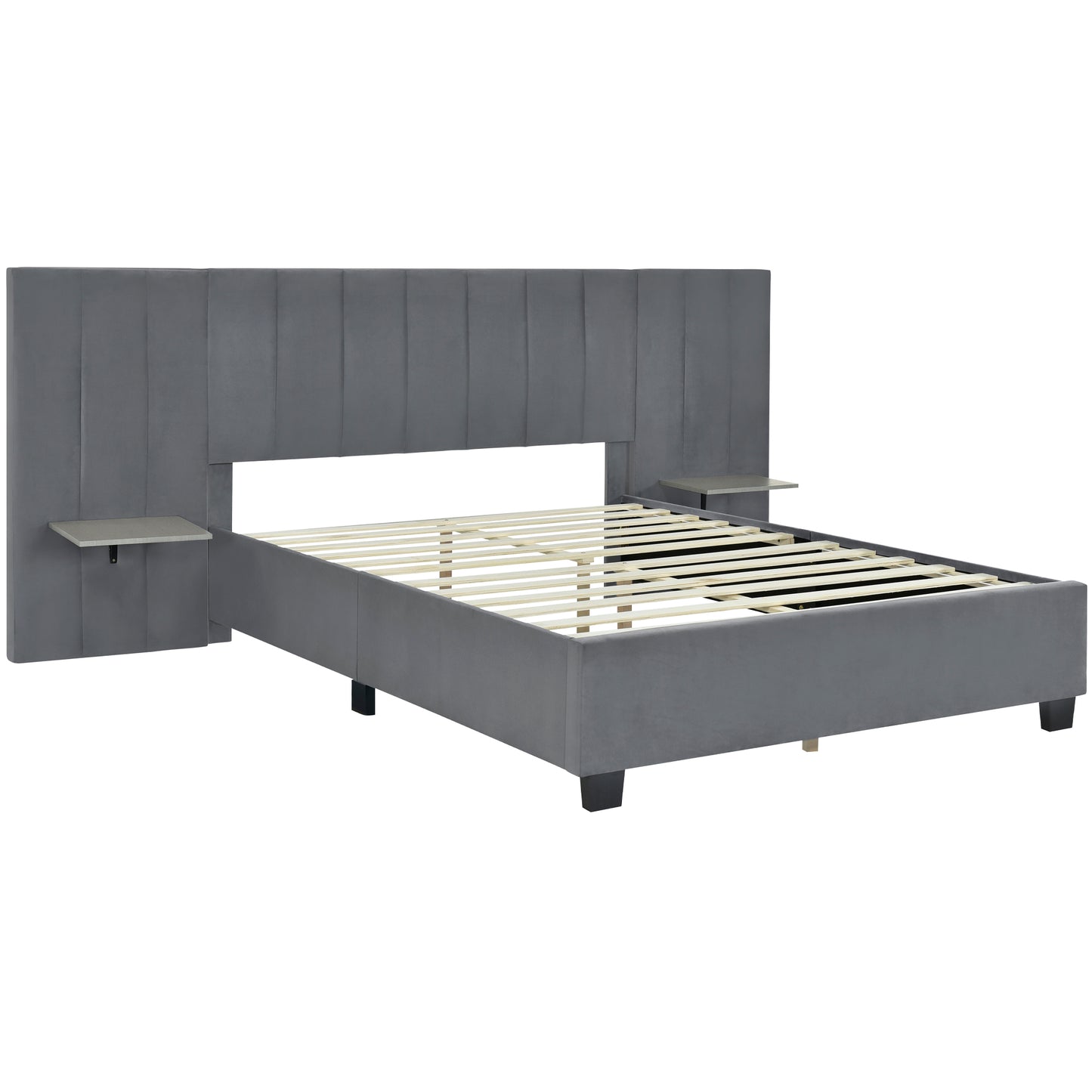 Queen Upholstered Platform Bed - Gray Storage Headboard