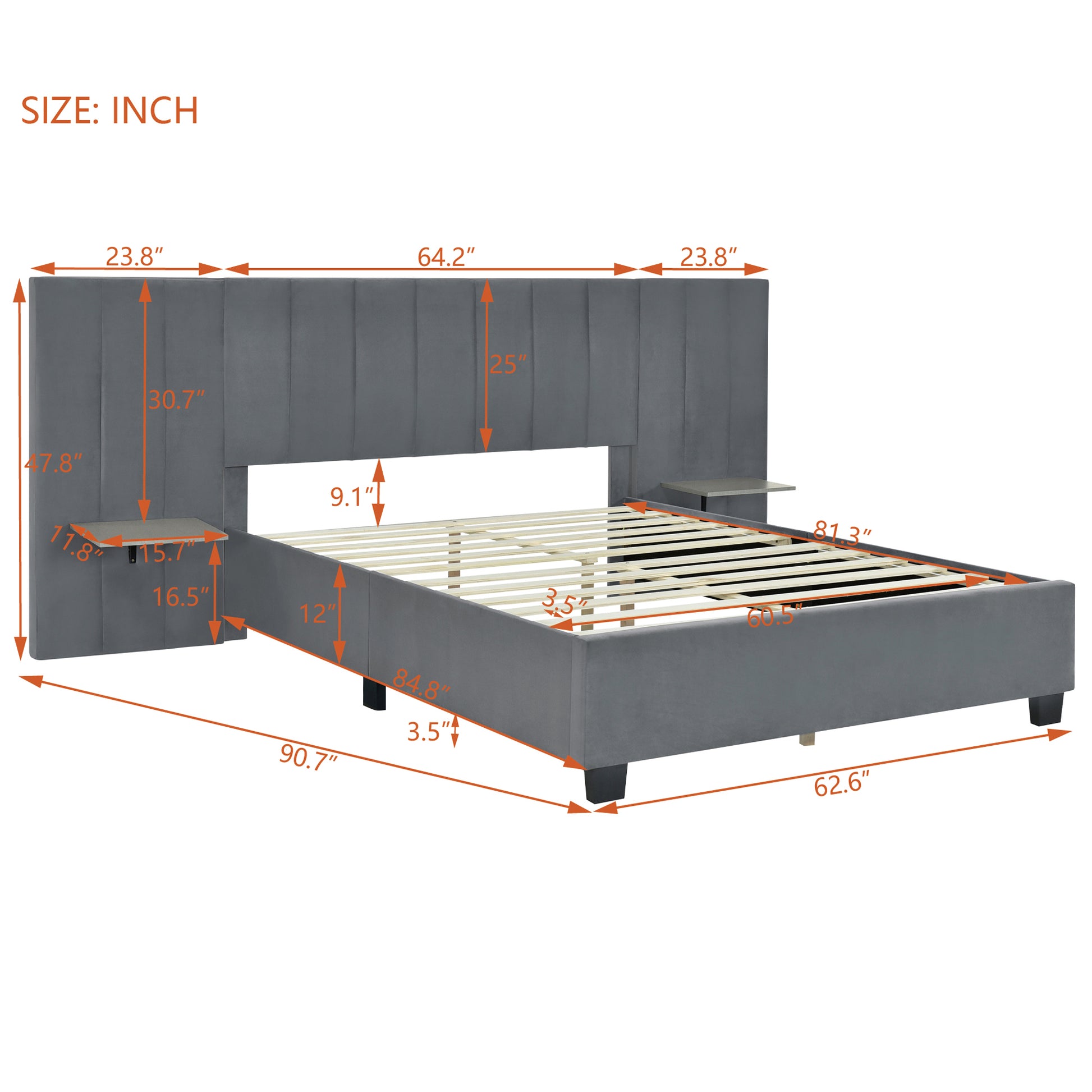 Queen Upholstered Platform Bed - Gray Storage Headboard