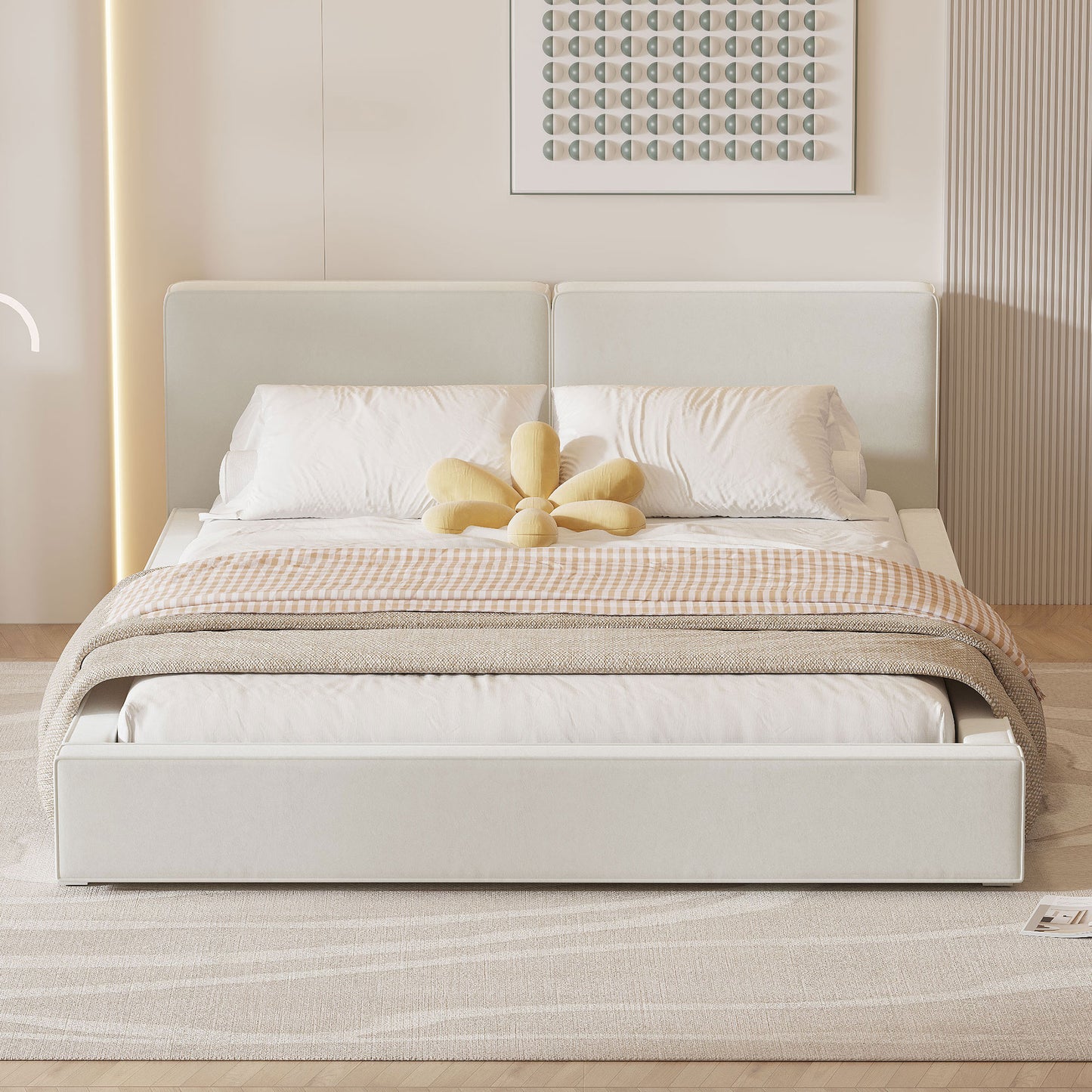 Queen Velvet Platform Bed - Beige Upholstered Frame for Bedroom