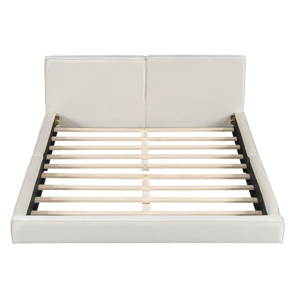 Queen Velvet Platform Bed - Beige Upholstered Frame for Bedroom