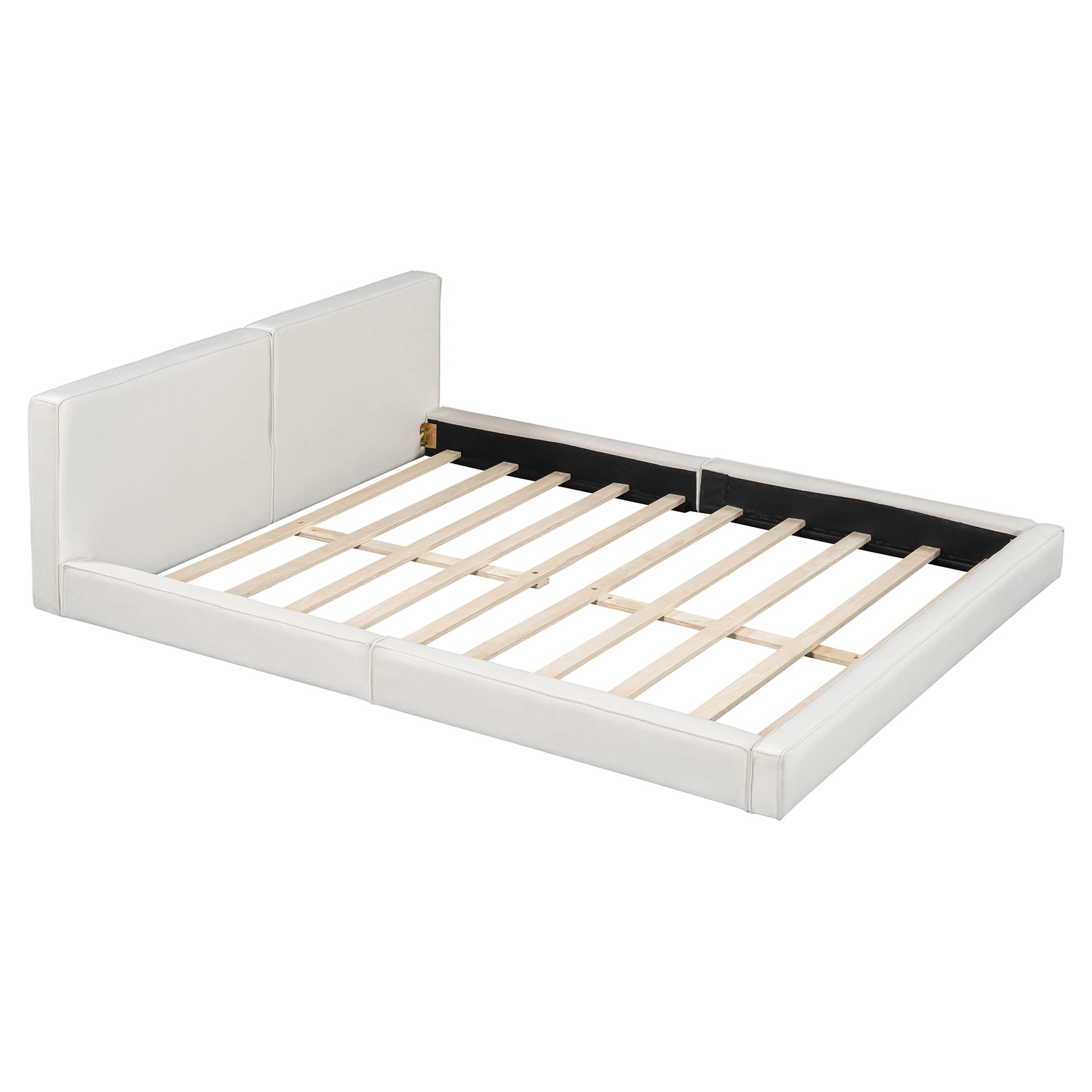Queen Velvet Platform Bed - Beige Upholstered Frame for Bedroom