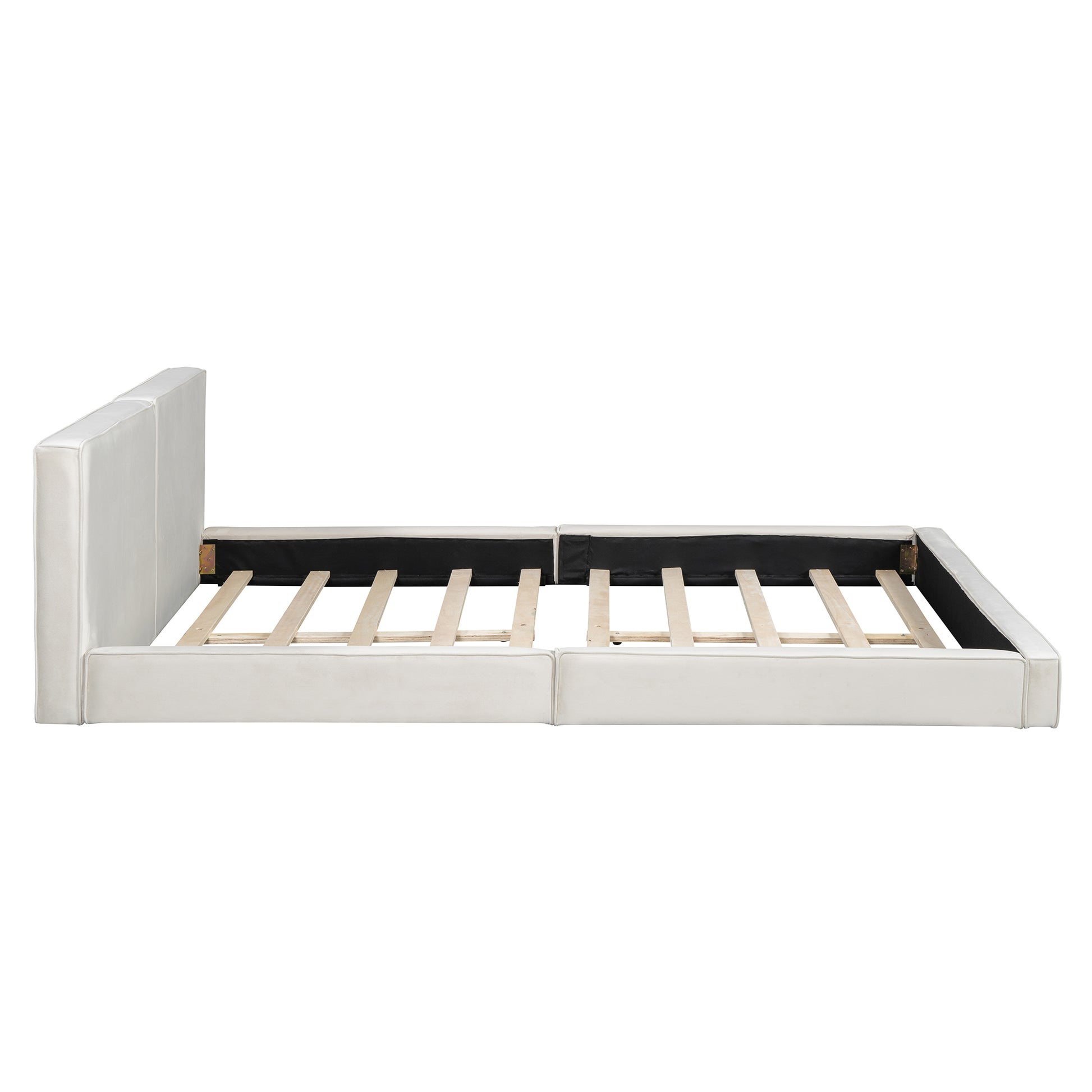 Queen Velvet Platform Bed - Beige Upholstered Frame for Bedroom