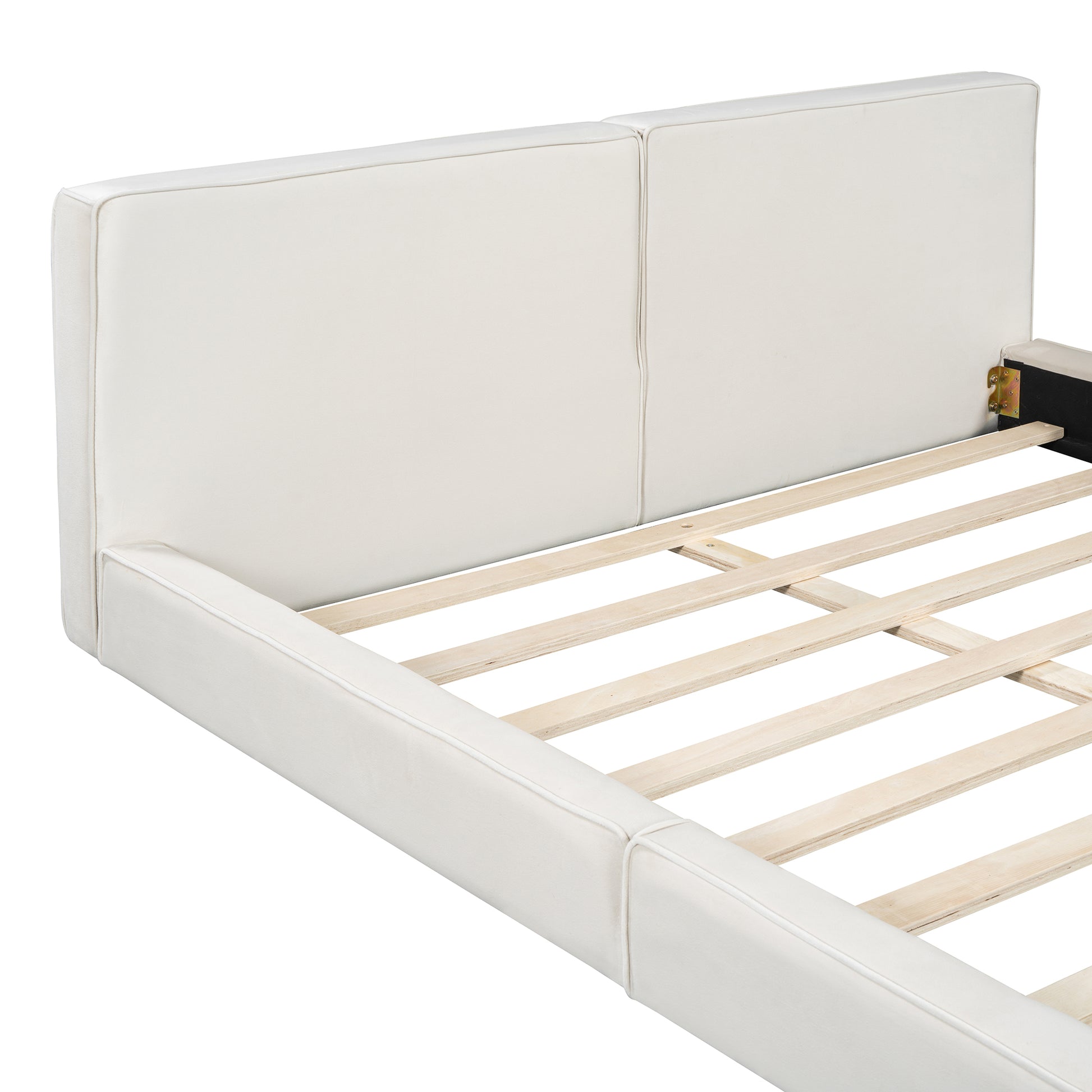 Queen Velvet Platform Bed - Beige Upholstered Frame for Bedroom