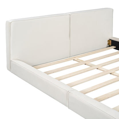 Queen Velvet Platform Bed - Beige Upholstered Frame for Bedroom