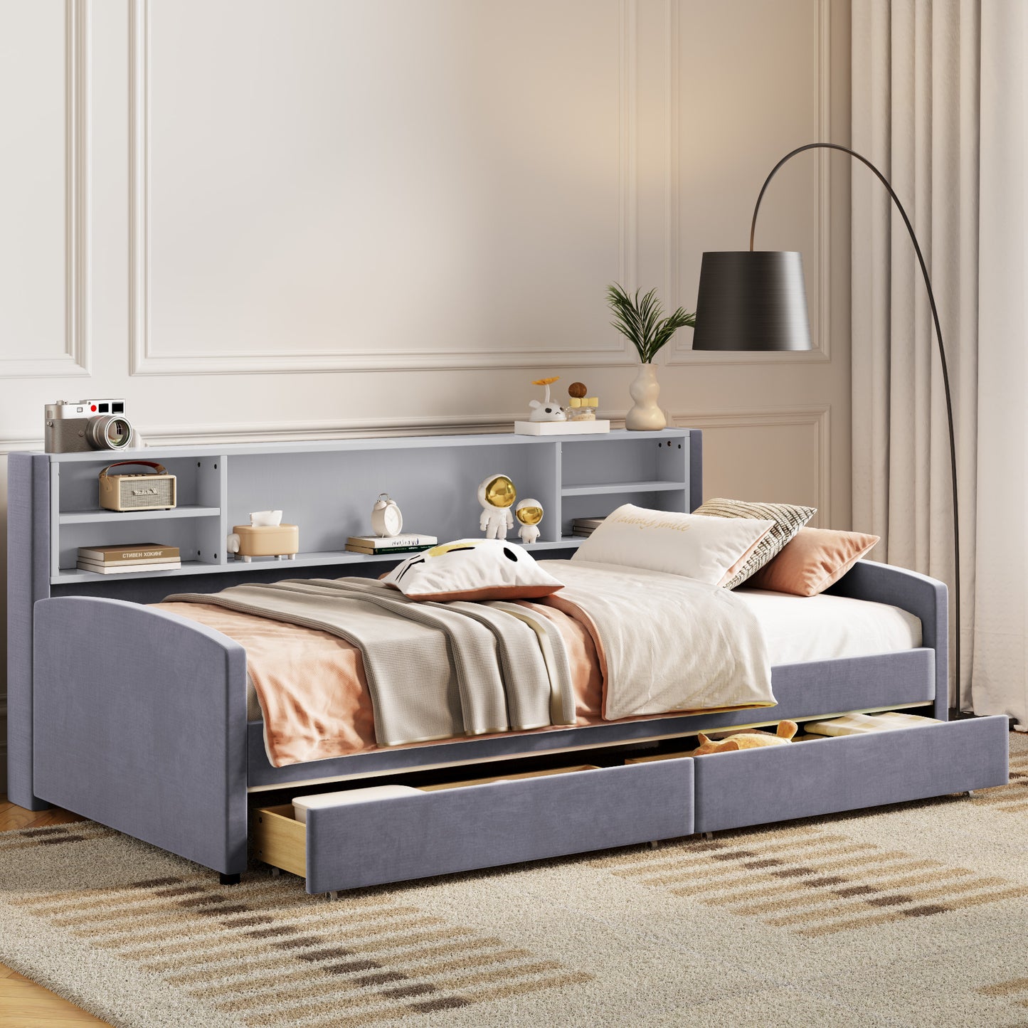 Twin size Upholstered Platform Bed with Storage and Drawers, Gray