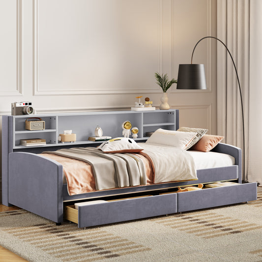 Twin size Upholstered Platform Bed with Storage and Drawers, Gray