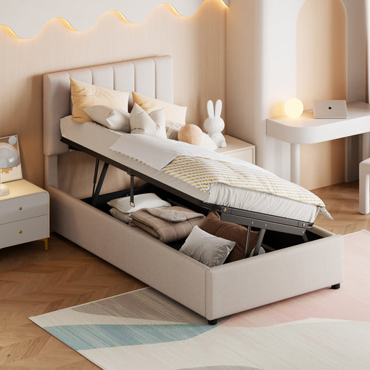 Twin Size Upholstered Platform Bed with a Hydraulic Storage System, Beige