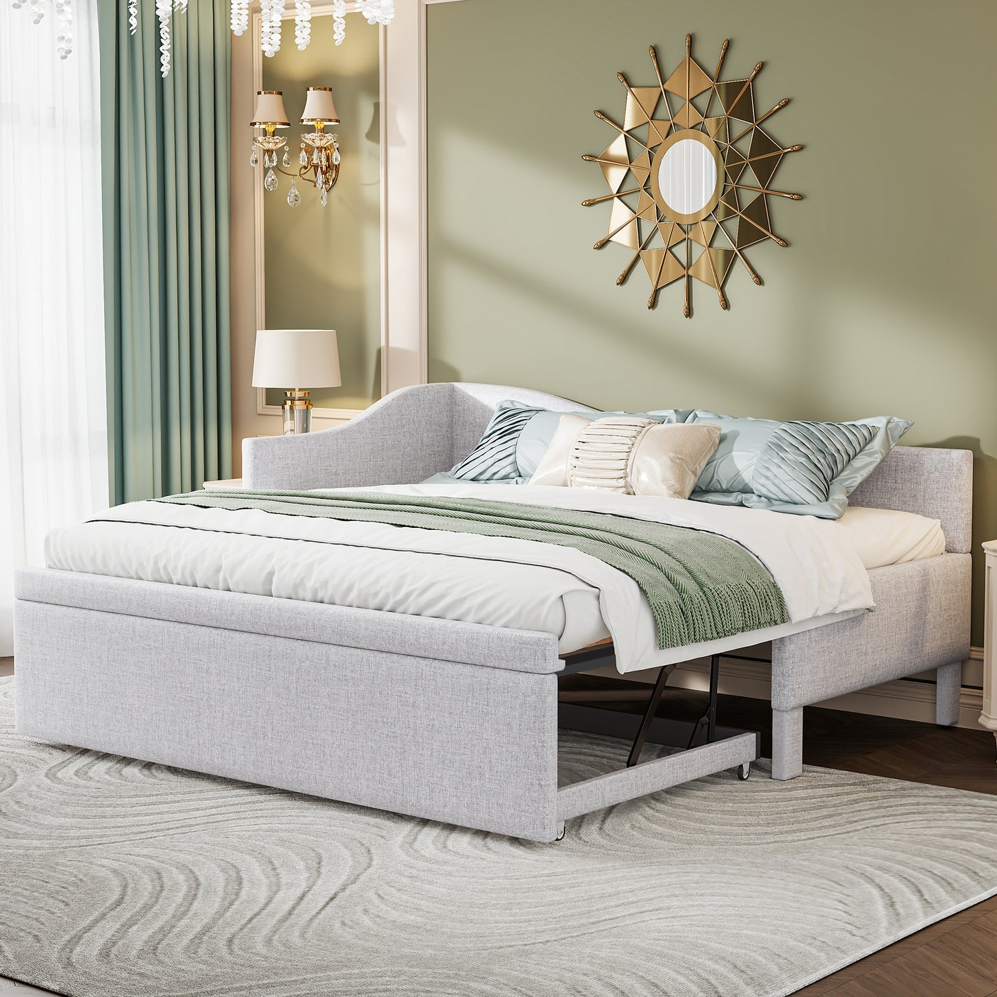 Twin Size Upholstered L-Shaped Upholstered Daybed with Pop Up Trundle, Beige