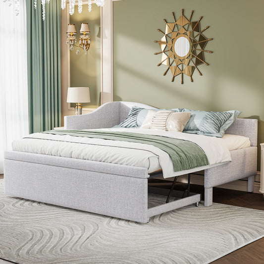 Twin Size Upholstered L-Shaped Upholstered Daybed with Pop Up Trundle, Beige
